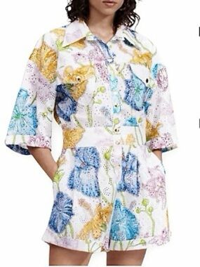 Hayley Menzies multi color floral eyelet short sleeve playsuit romper | XS